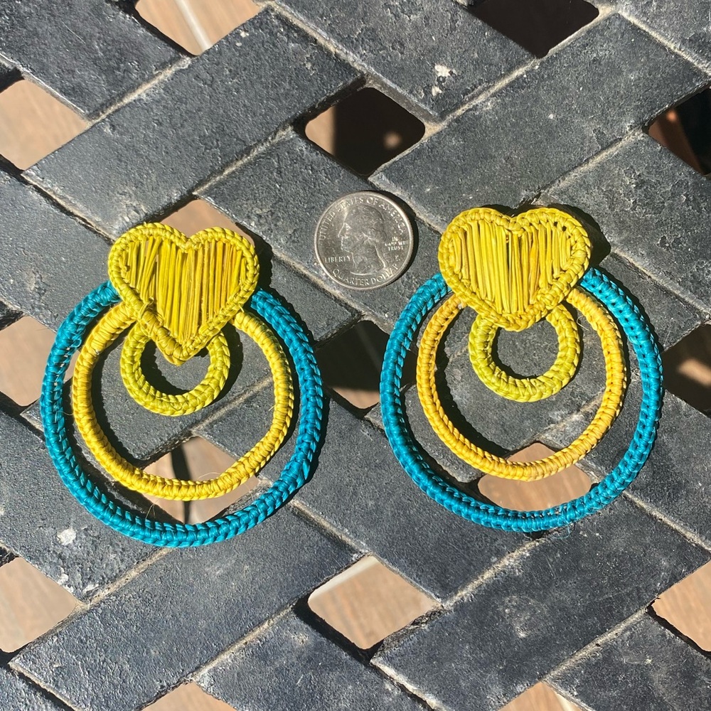 Green, Yellow, and Blue Heart Statement Earrings